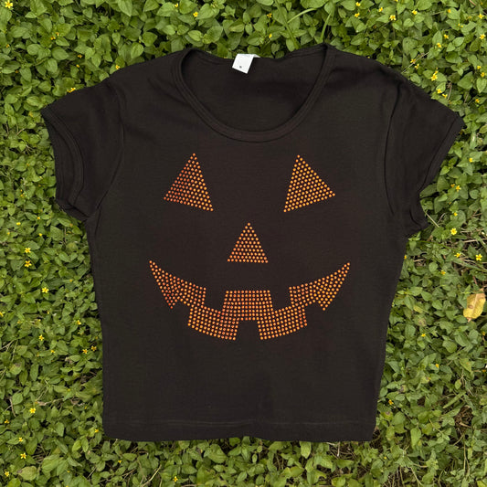 Pumpkin Face Rhinestone Baby Tee