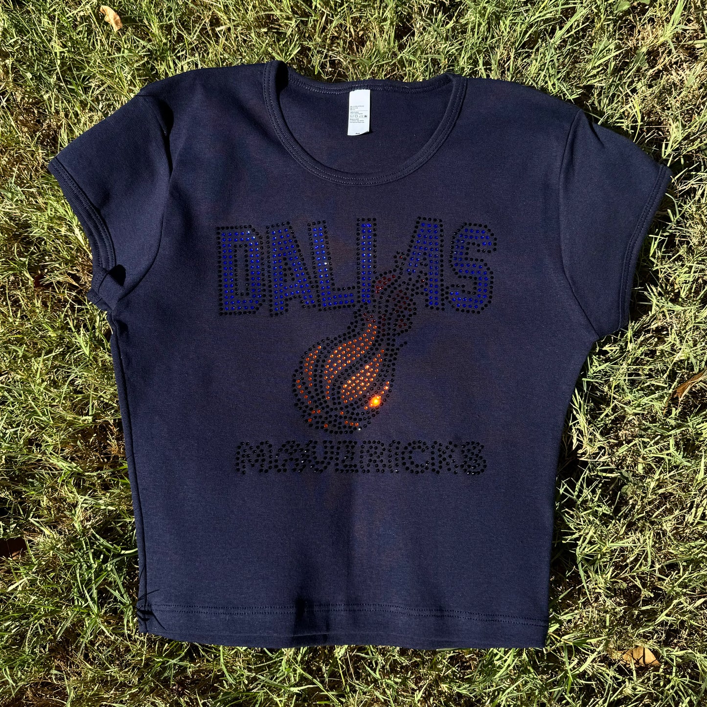 Dallas Mavericks Basketball on Fire Rhinestone Baby Tee